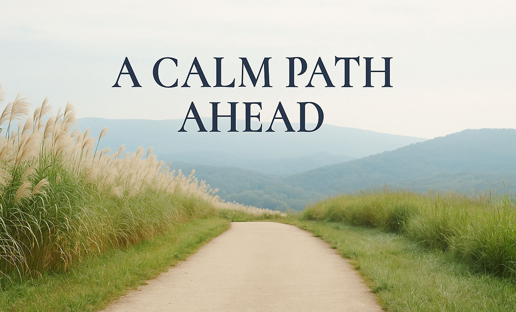 A path through a field of pink roses with text 'Finding Joy Again'